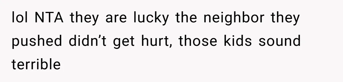 lol NTA they are lucky the neighbor they pushed didn’t get hurt, those kids sound terrible