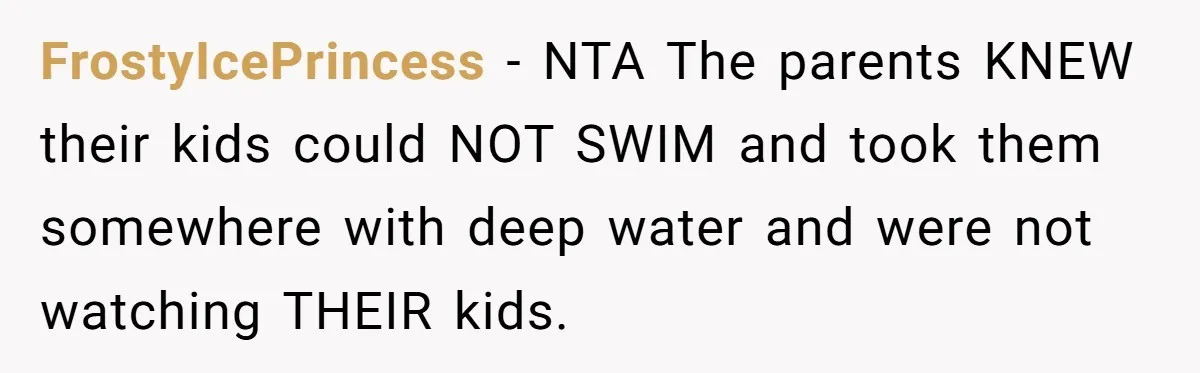 FrostyIcePrincess − NTA The parents KNEW their kids could NOT SWIM and took them somewhere with deep water and were not watching THEIR kids.