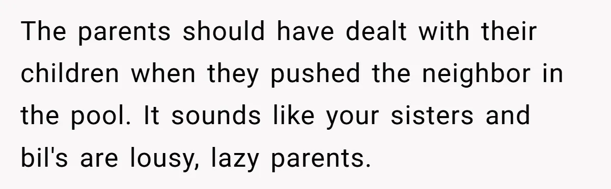 The parents should have dealt with their children when they pushed the neighbor in the pool. It sounds like your sisters and bil's are lousy, lazy parents.