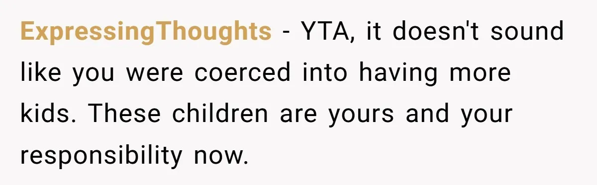 ExpressingThoughts − YTA, it doesn't sound like you were coerced into having more kids. These children are yours and your responsibility now.