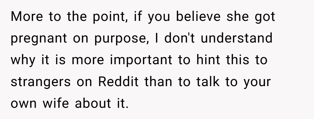 More to the point, if you believe she got pregnant on purpose, I don't understand why it is more important to hint this to strangers on Reddit than to talk...