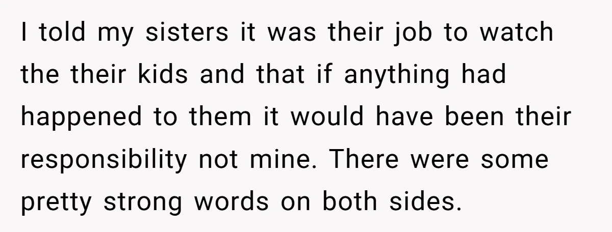 I told my sisters it was their job to watch the their kids and that if anything had happened to them it would have been their responsibility not mine. There...