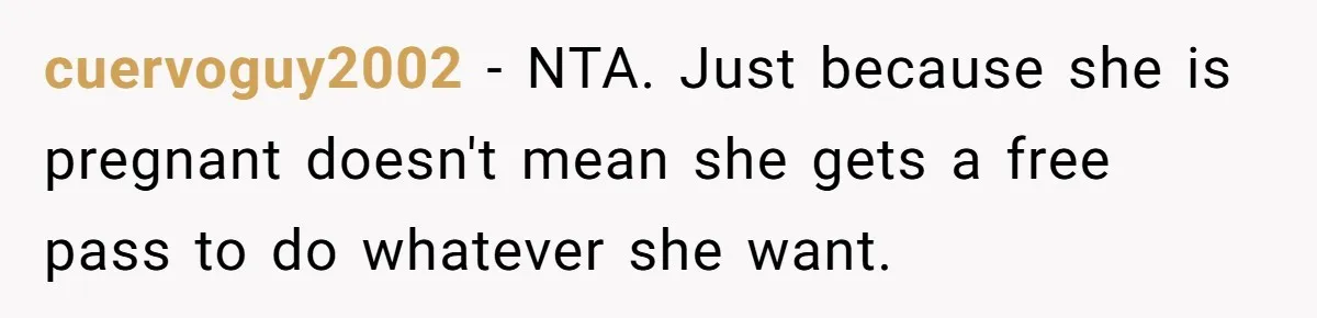 cuervoguy2002 − NTA. Just because she is pregnant doesn't mean she gets a free pass to do whatever she want.