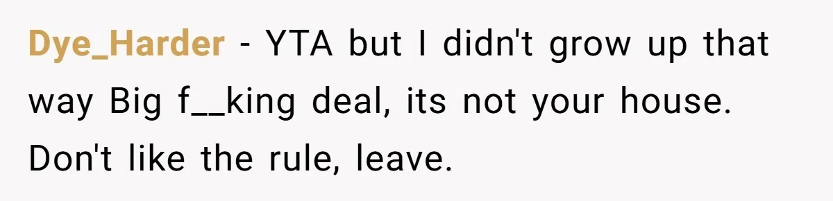 Dye_Harder − YTA but I didn't grow up that way Big f__king deal, its not your house. Don't like the rule, leave.