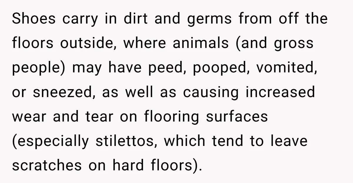 Shoes carry in dirt and germs from off the floors outside, where animals (and gross people) may have peed, pooped, vomited, or sneezed, as well as causing increased wear and...
