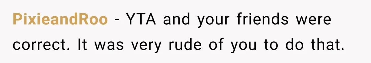 PixieandRoo − YTA and your friends were correct. It was very rude of you to do that.