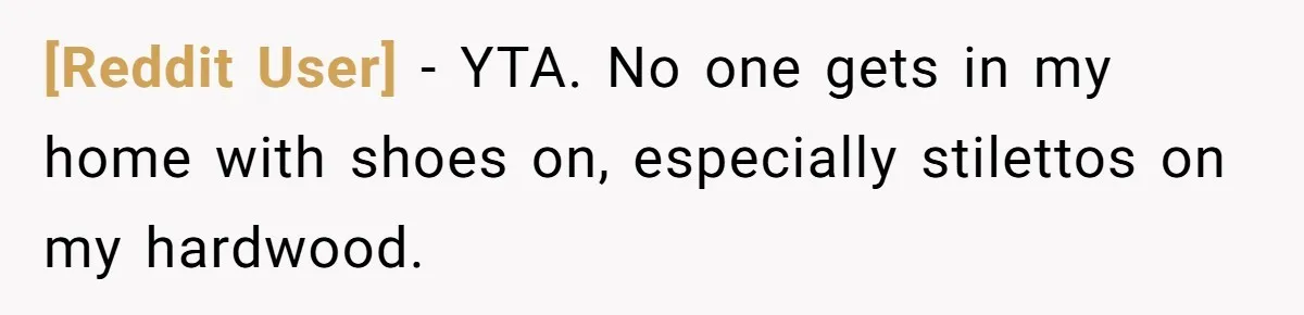 [Reddit User] − YTA. No one gets in my home with shoes on, especially stilettos on my hardwood.