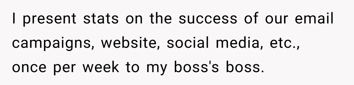 I present stats on the success of our email campaigns, website, social media, etc., once per week to my boss's boss.
