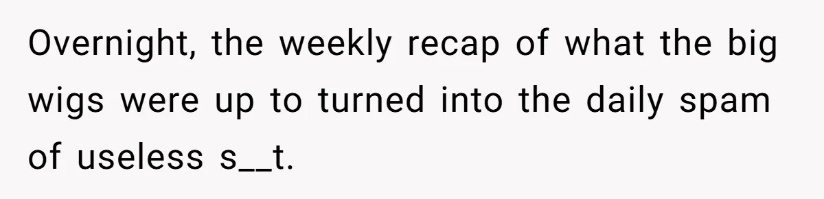 Overnight, the weekly recap of what the big wigs were up to turned into the daily spam of useless s__t.