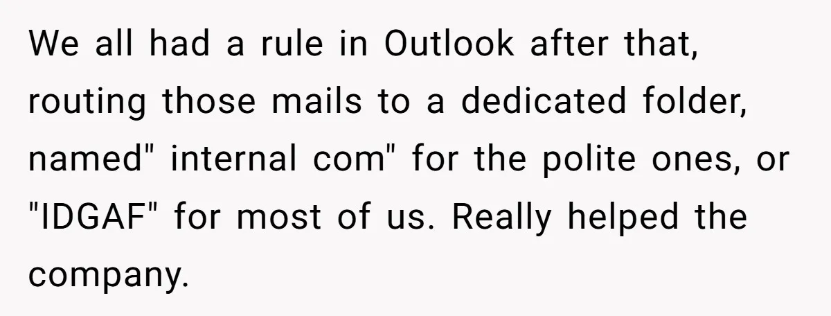 We all had a rule in Outlook after that, routing those mails to a dedicated folder, named" internal com" for the polite ones, or "IDGAF" for most of us. Really...