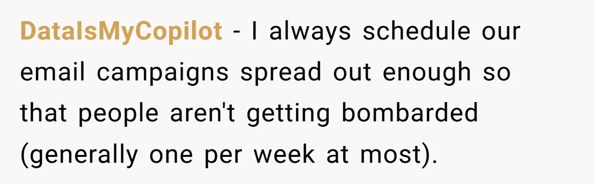 DataIsMyCopilot − I always schedule our email campaigns spread out enough so that people aren't getting bombarded (generally one per week at most).