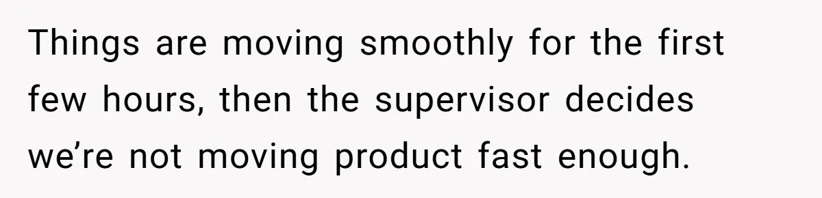 Things are moving smoothly for the first few hours, then the supervisor decides we’re not moving product fast enough.