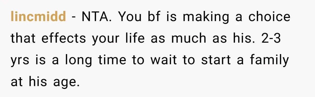 lincmidd − NTA. You bf is making a choice that effects your life as much as his. 2-3 yrs is a long time to wait to start a family at...