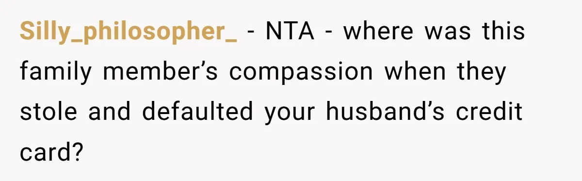 Silly_philosopher_ − NTA - where was this family member’s compassion when they stole and defaulted your husband’s credit card?