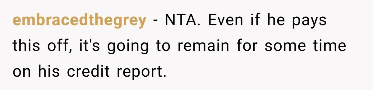 embracedthegrey − NTA. Even if he pays this off, it's going to remain for some time on his credit report.