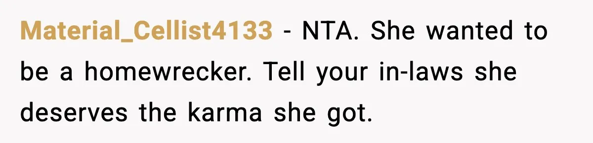 Material_Cellist4133 - NTA. She wanted to be a homewrecker. Tell your in-laws she deserves the karma she got.