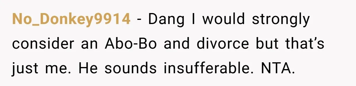 No_Donkey9914 − Dang I would strongly consider an Abo-Bo and divorce but that’s just me. He sounds insufferable. NTA.