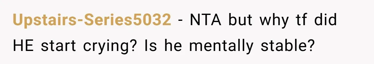 Upstairs-Series5032 − NTA but why tf did HE start crying? Is he mentally stable?