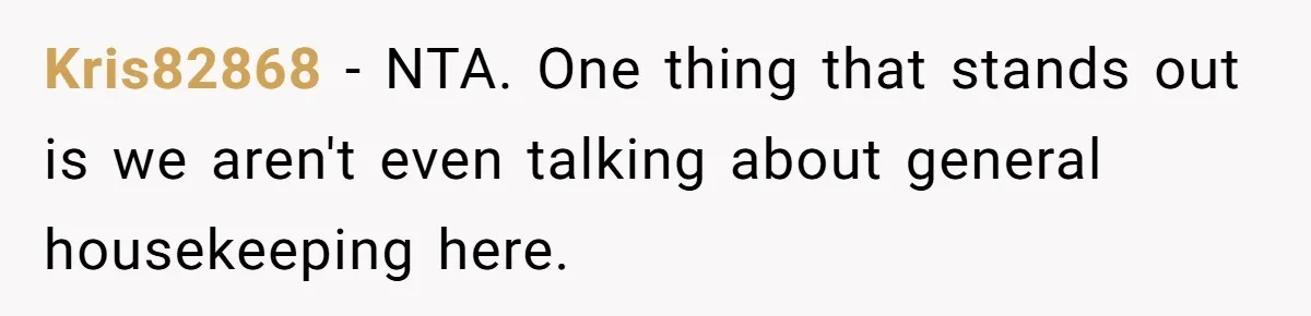 Kris82868 − NTA. One thing that stands out is we aren't even talking about general housekeeping here.