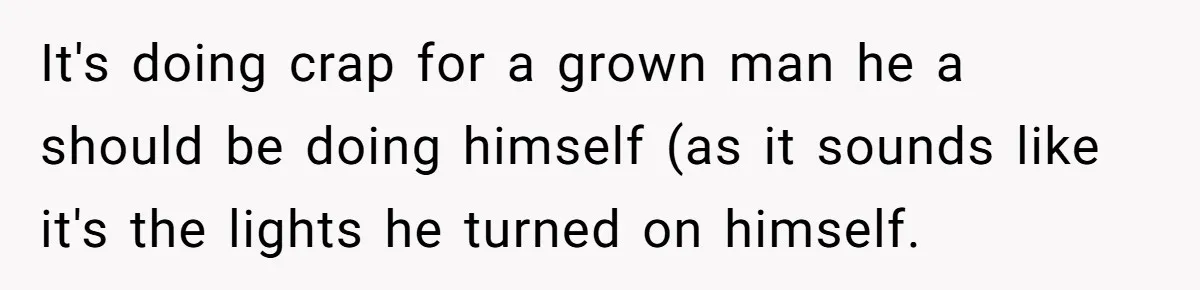 It's doing crap for a grown man he a should be doing himself (as it sounds like it's the lights he turned on himself.