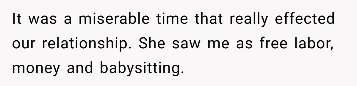 It was a miserable time that really effected our relationship. She saw me as free labor, money and babysitting.
