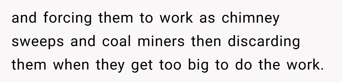 and forcing them to work as chimney sweeps and coal miners then discarding them when they get too big to do the work.