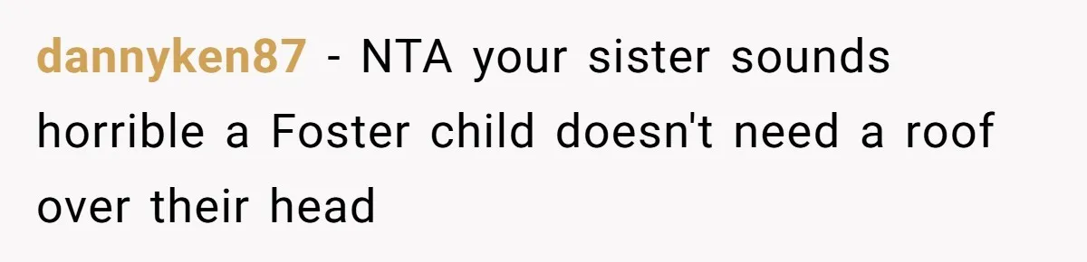 dannyken87 − NTA your sister sounds horrible a Foster child doesn't need a roof over their head