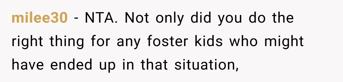 milee30 − NTA. Not only did you do the right thing for any foster kids who might have ended up in that situation,