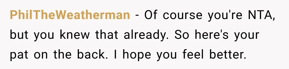 PhilTheWeatherman − Of course you're NTA, but you knew that already. So here's your pat on the back. I hope you feel better.