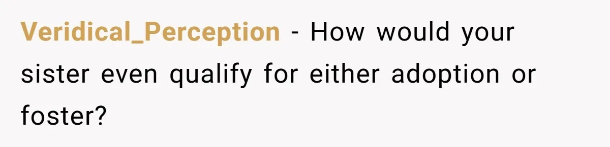 Veridical_Perception − How would your sister even qualify for either adoption or foster?