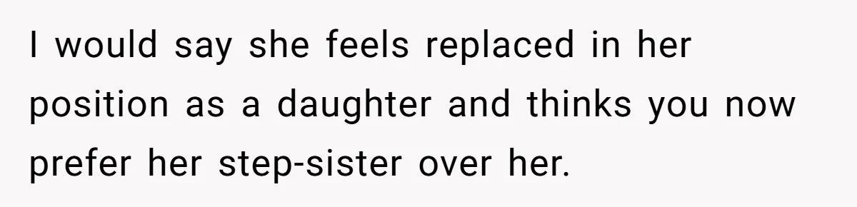 I would say she feels replaced in her position as a daughter and thinks you now prefer her step-sister over her.