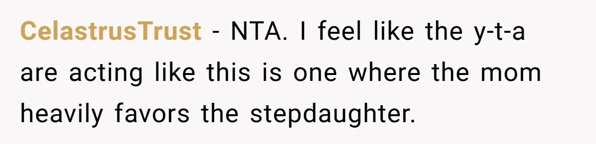 CelastrusTrust − NTA. I feel like the y-t-a are acting like this is one where the mom heavily favors the stepdaughter.