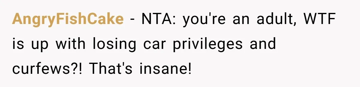 AngryFishCake − NTA: you're an adult, WTF is up with losing car privileges and curfews?! That's insane!
