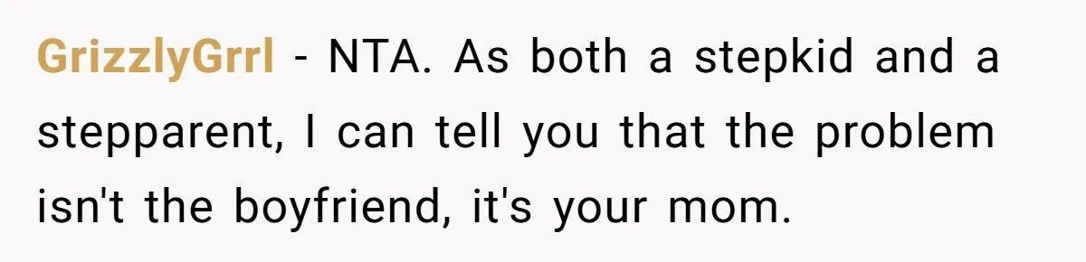 GrizzlyGrrl − NTA. As both a stepkid and a stepparent, I can tell you that the problem isn't the boyfriend, it's your mom.