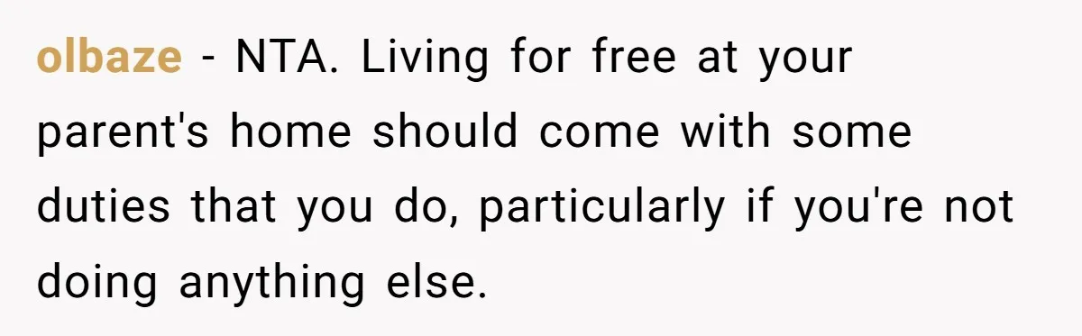 olbaze − NTA. Living for free at your parent's home should come with some duties that you do, particularly if you're not doing anything else.