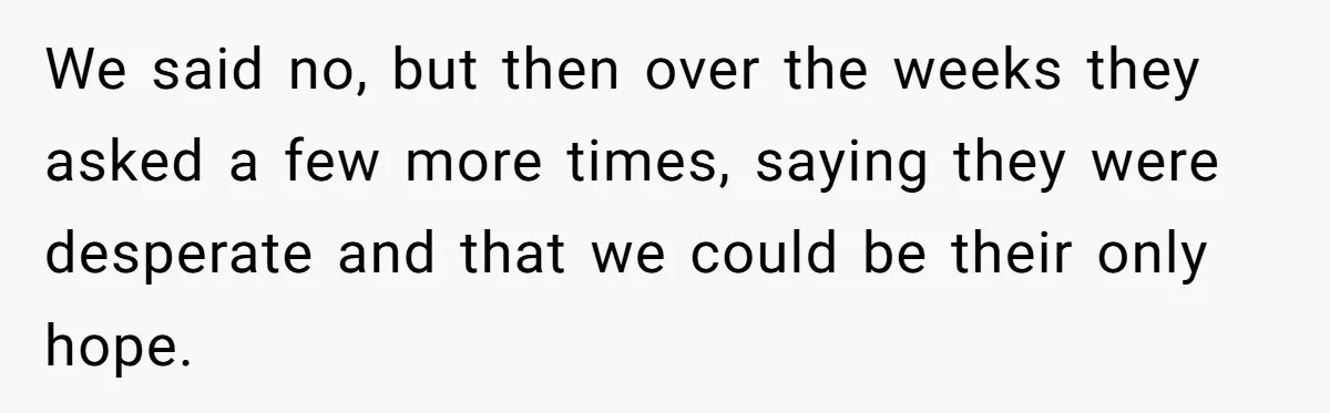 We said no, but then over the weeks they asked a few more times, saying they were desperate and that we could be their only hope.