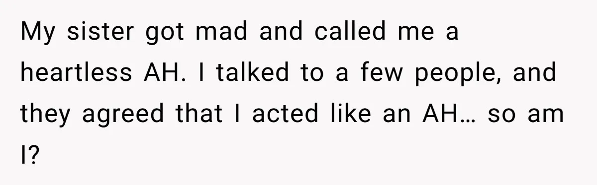 My sister got mad and called me a heartless AH. I talked to a few people, and they agreed that I acted like an AH… so am I?