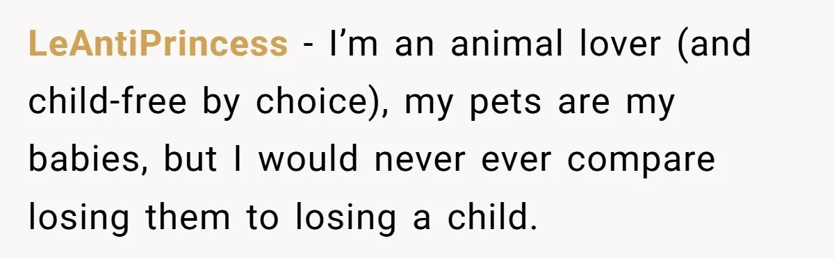 LeAntiPrincess − I’m an animal lover (and child-free by choice), my pets are my babies, but I would never ever compare losing them to losing a child.