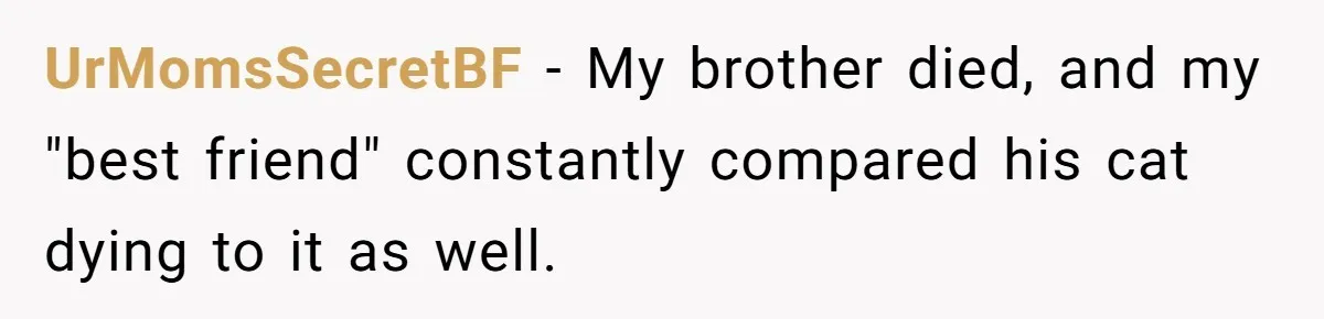 UrMomsSecretBF − My brother died, and my "best friend" constantly compared his cat dying to it as well.