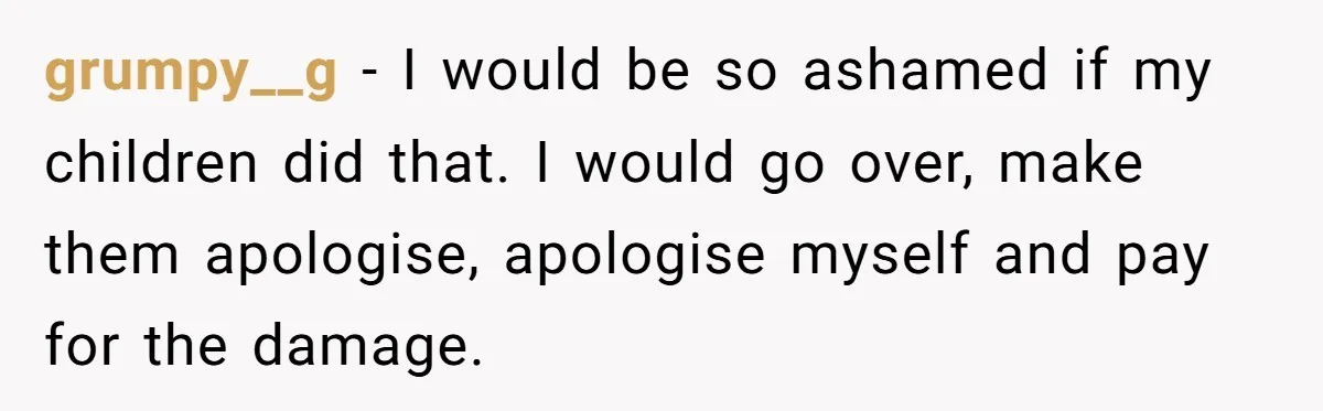 grumpy__g − I would be so ashamed if my children did that. I would go over, make them apologise, apologise myself and pay for the damage.