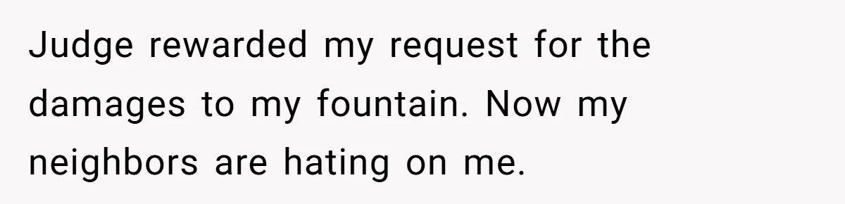 Judge rewarded my request for the damages to my fountain. Now my neighbors are hating on me.