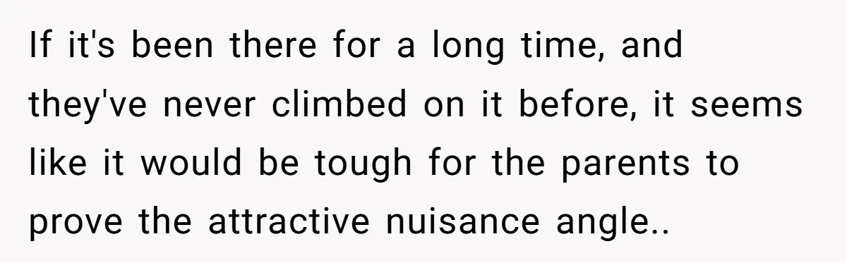 If it's been there for a long time, and they've never climbed on it before, it seems like it would be tough for the parents to prove the attractive nuisance...