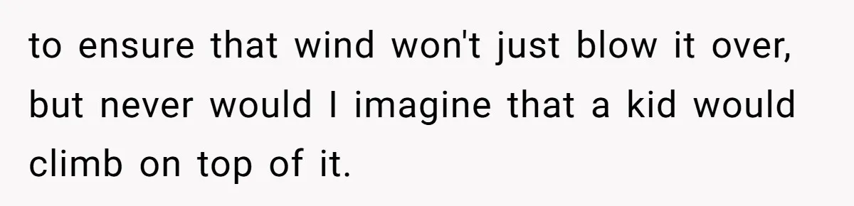 to ensure that wind won't just blow it over, but never would I imagine that a kid would climb on top of it.