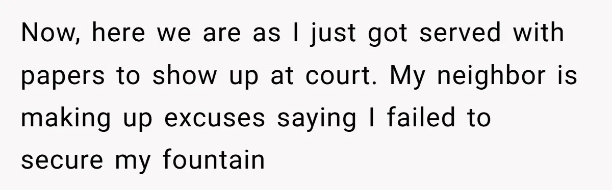 Now, here we are as I just got served with papers to show up at court. My neighbor is making up excuses saying I failed to secure my fountain