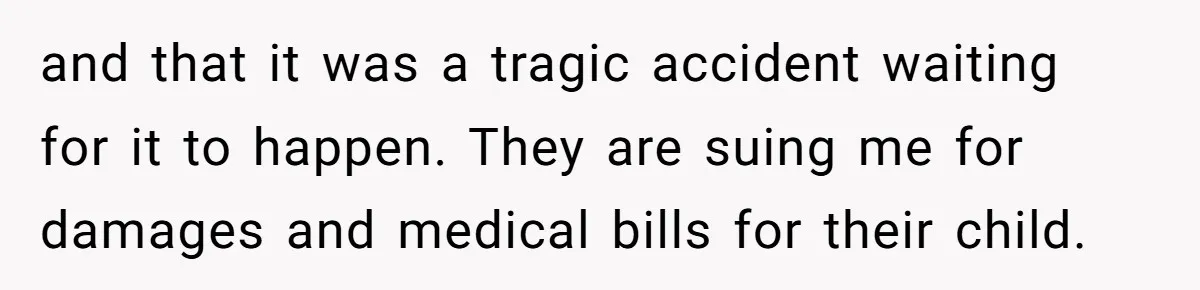 and that it was a tragic accident waiting for it to happen. They are suing me for damages and medical bills for their child.