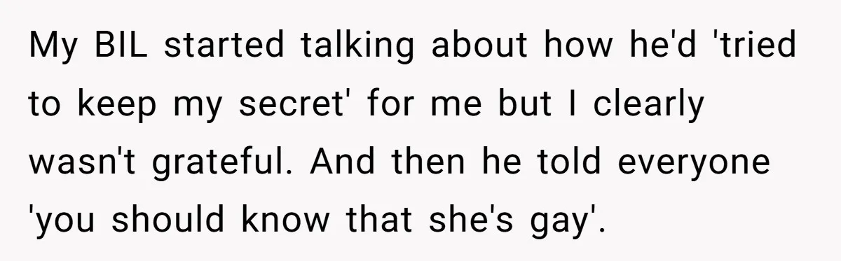 My BIL started talking about how he'd 'tried to keep my secret' for me but I clearly wasn't grateful. And then he told everyone 'you should know that she's gay'.