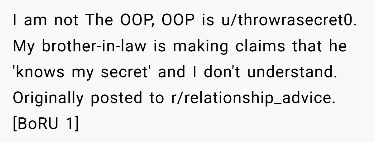 I am not The OOP, OOP is u/throwrasecret0. My brother-in-law is making claims that he 'knows my secret' and I don't understand. Originally posted to r/relationship_advice. [BoRU 1]