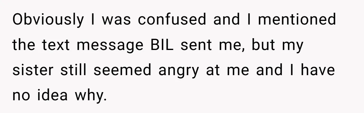 Obviously I was confused and I mentioned the text message BIL sent me, but my sister still seemed angry at me and I have no idea why.