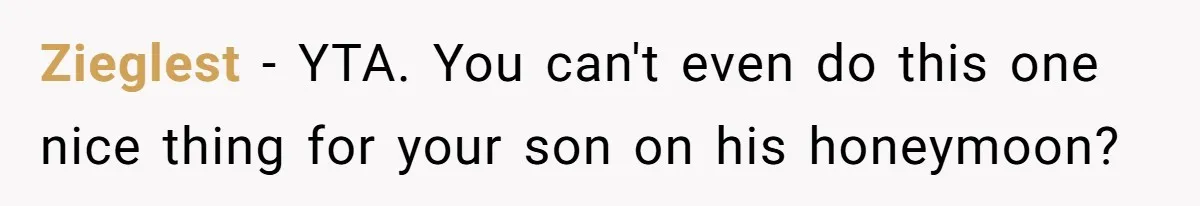 Father Charges Son For Honeymoon Stay At Late Wife’s Cabin, Son Calls Him Selfish Zieglest − YTA. You can't even do this one nice thing for your son on his honeymoon?