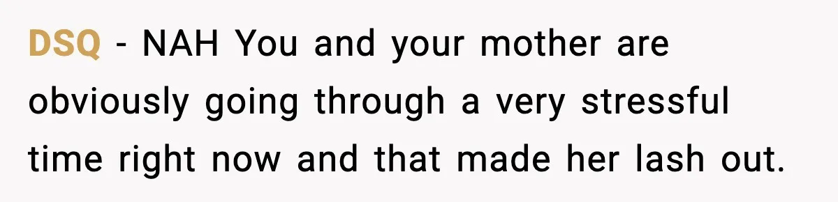 Dad Diagnosed With Terminal Cancer Chooses Aunt Over His Mom As Guardian For Son DSQ − NAH You and your mother are obviously going through a very stressful time right now and that made her lash out.